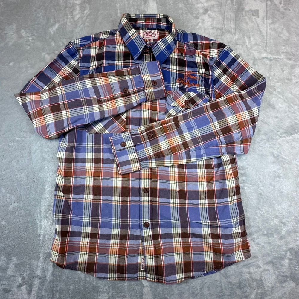 True Religion Service Co‎ Flannel Shirt XL Blue Plaid Back Graphic Embroidered
